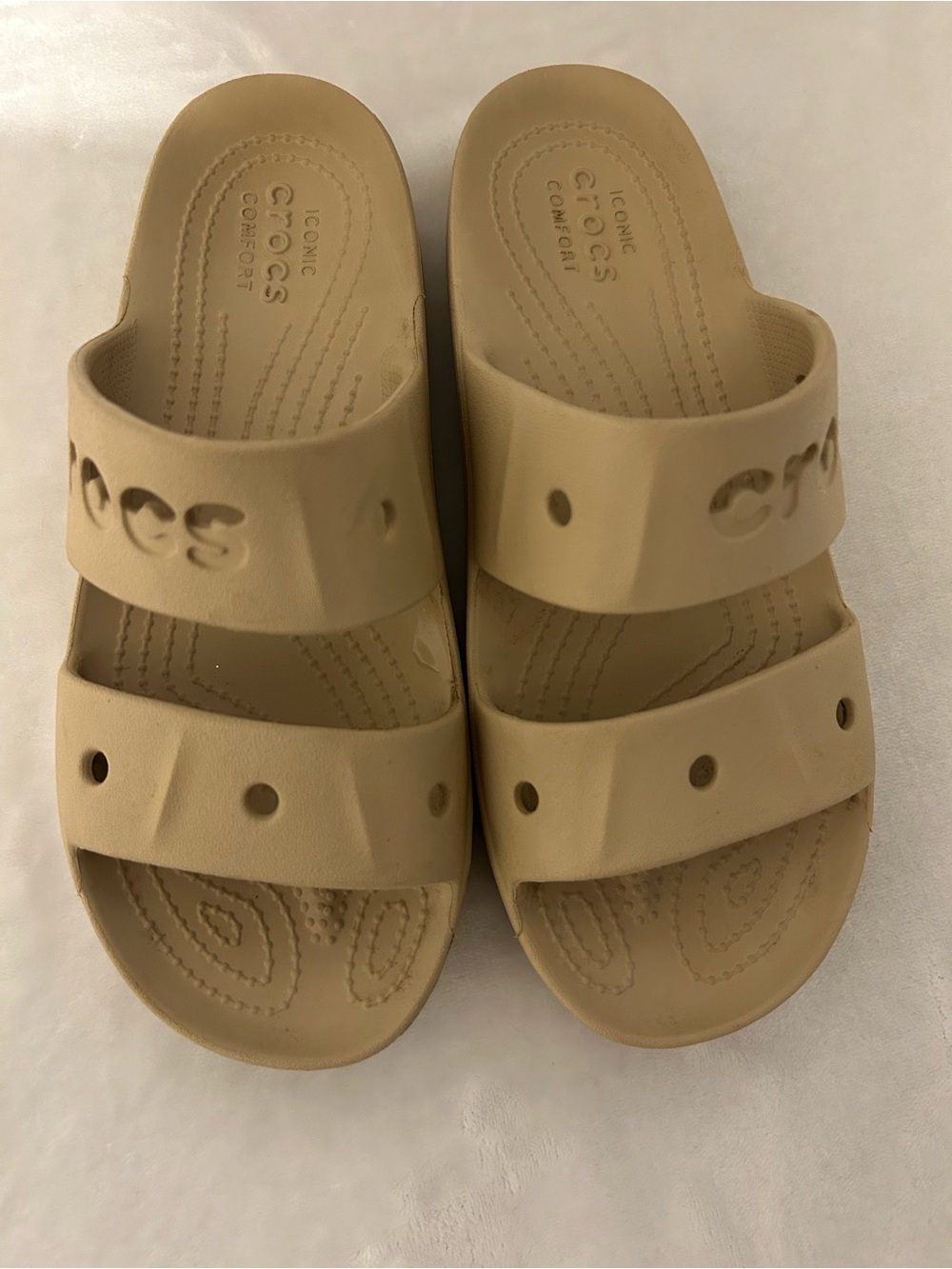 CROCS Dual-Strap Slide Sandals in Tan